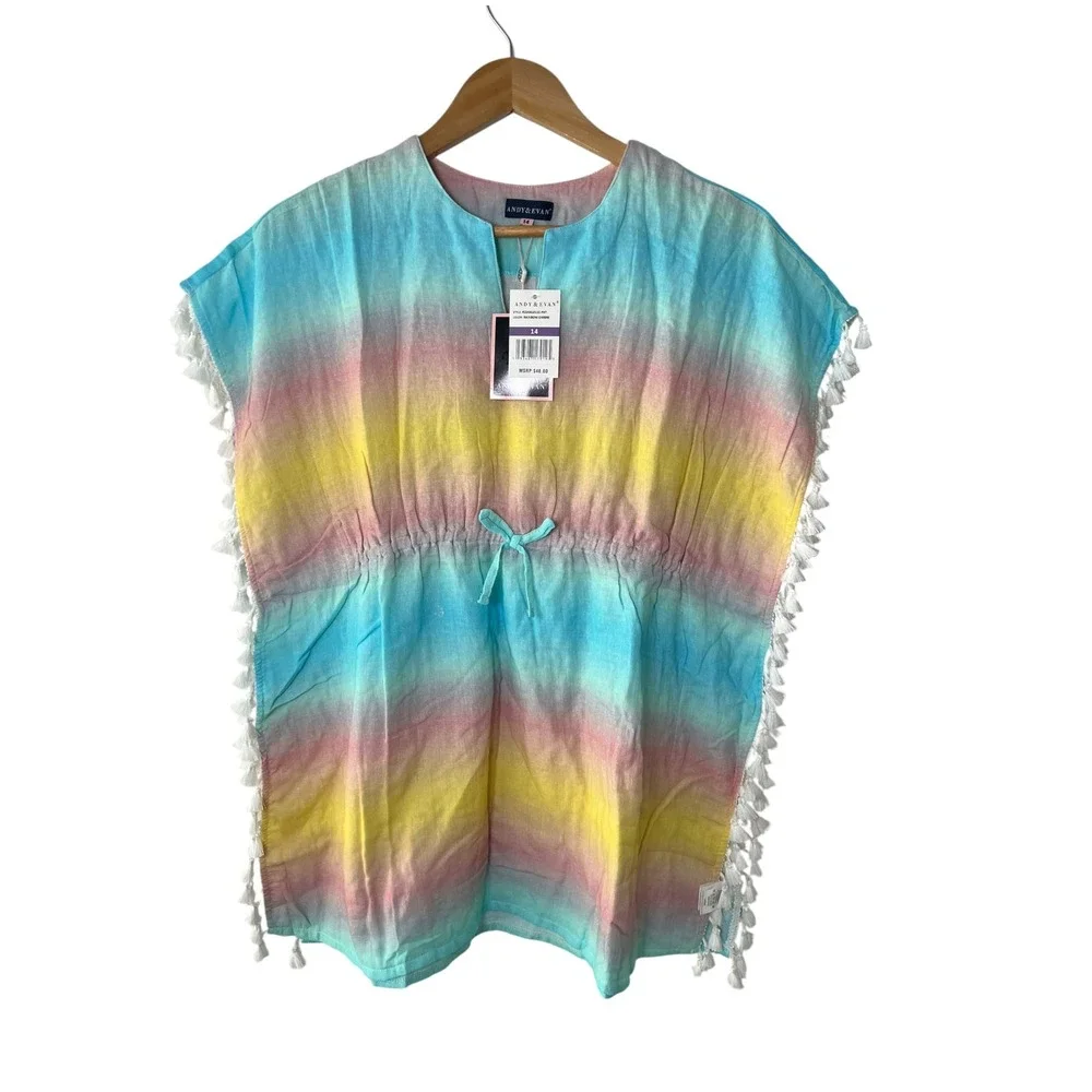 Andy & Evan Rainbow Ombre Cotton Kaftan Swim Cover Up Tassels Summer‎ Size 14